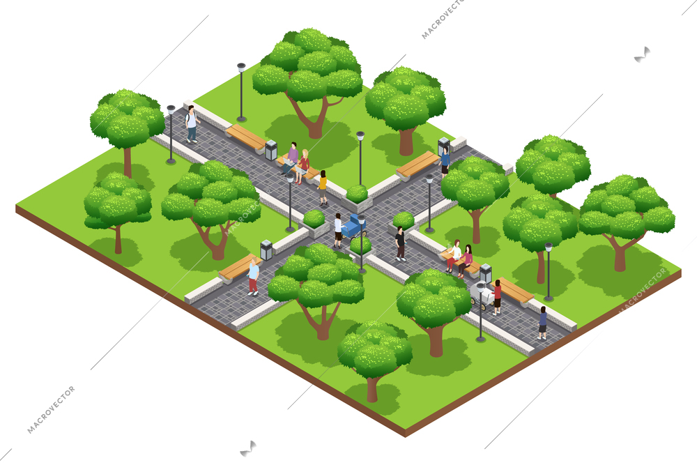 Isometric landscaping composition with people walking in green park in summer on white background vector illustration