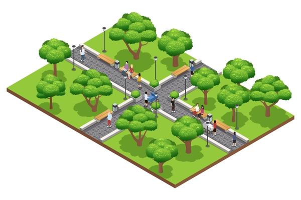 Isometric landscaping composition with people walking in green park in summer on white background vector illustration