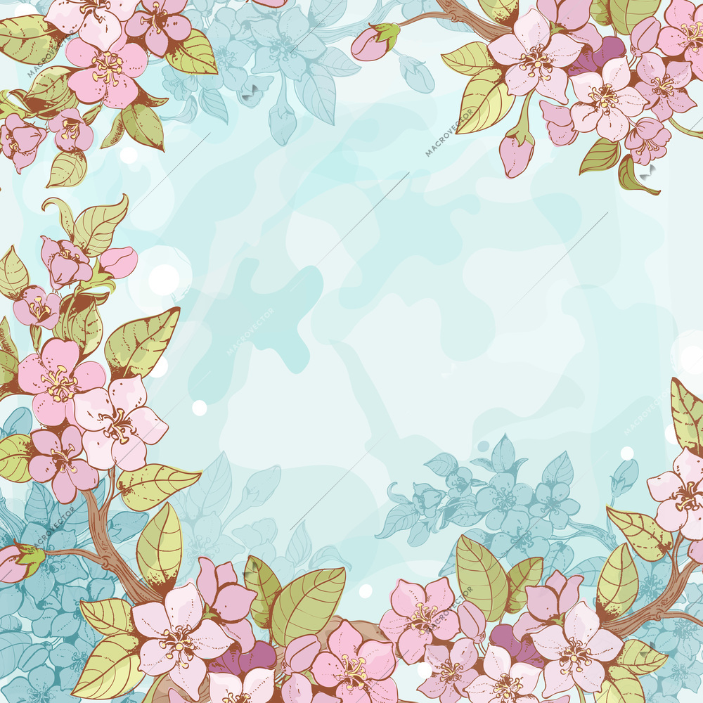 Blooming sakura tree branch frame pattern with blue flowers on background vector illustration