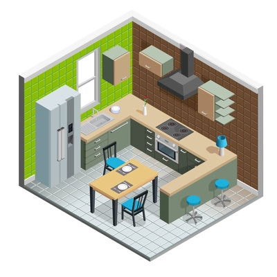 Kitchen interior isometric concept with fridge stove and table vector illustration