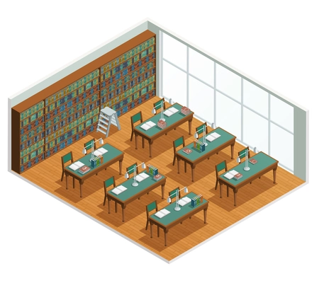 Isometric interior for bookstore and library reading hall with bookcases and tables with opened books vector illustration