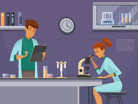 Two young scientists in chemistry lab making microscope slides and taking notes retro cartoon poster vector illustration