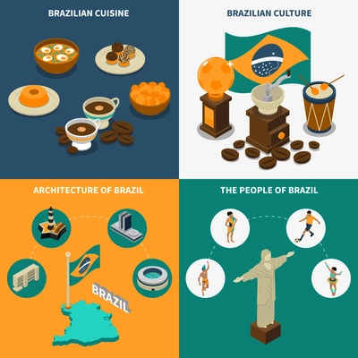 Brazil concept icons set with architecture and culture symbols isometric isolated vector illustration