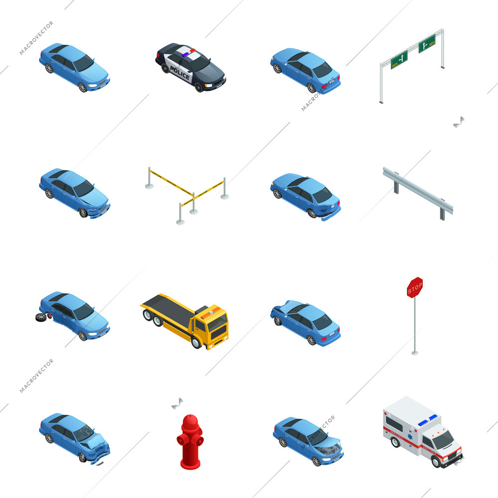 Colorful car accidents isometric icons set with evacuator police ambulance and road sign isolated on white background vector illustration