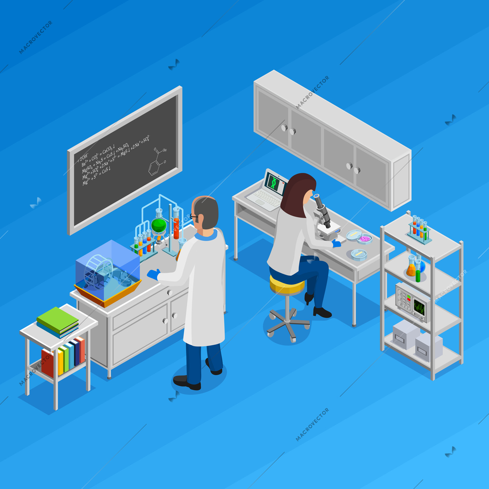 Science isometric concept with laboratory symbols on blue background vector illustration