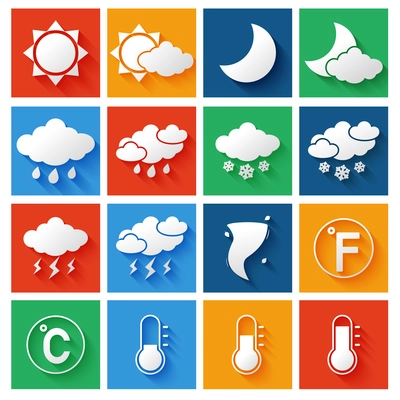 Weather forecast symbols white icons set of wind thunderstorm clouds and rain vector illustration