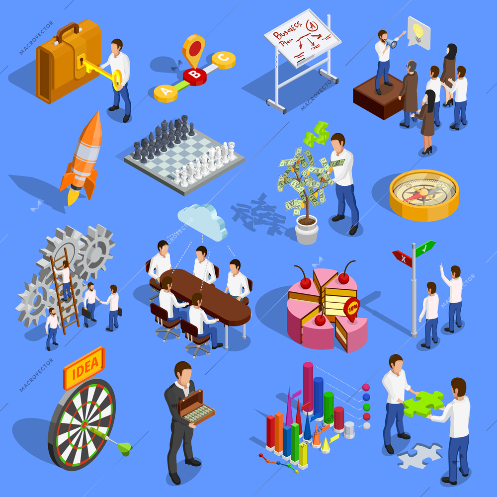 Business strategy isometric icons set with brainstorming and analysis symbols on blue background isolated vector illustration