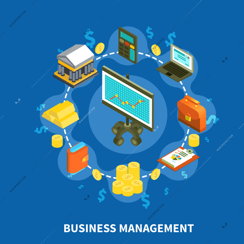 Business management financial isometric icons round composition with gold coins bank money computer calculator vector illustration