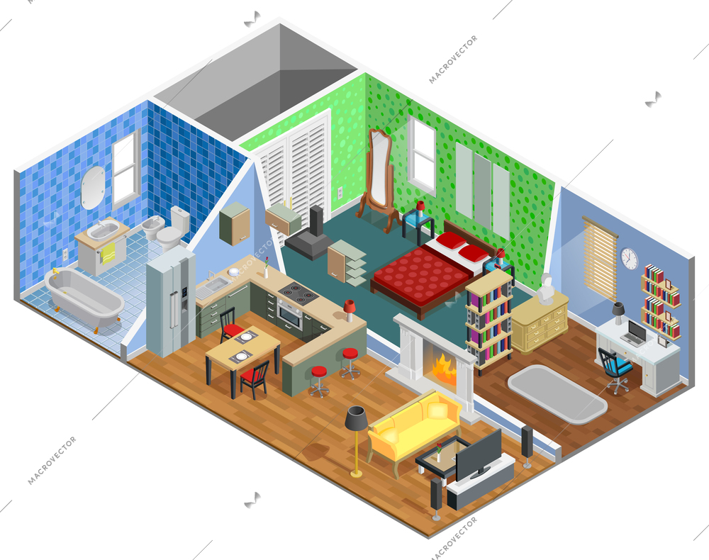 House interior isometric design with living room bathroom kitchen bedroom and study vector illustration