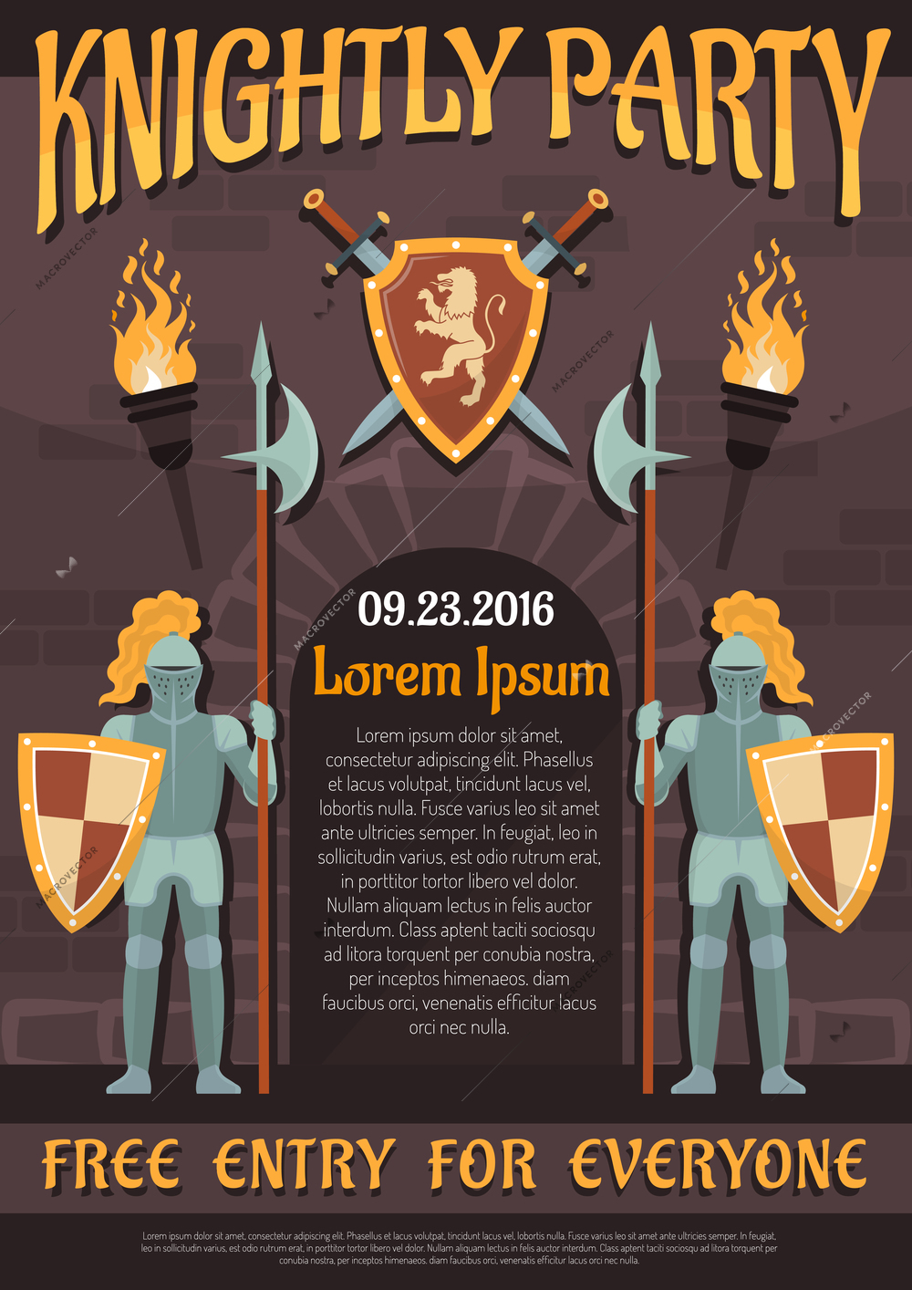 Heraldic party invitation poster with two knights near castle entrance flat vector illustration