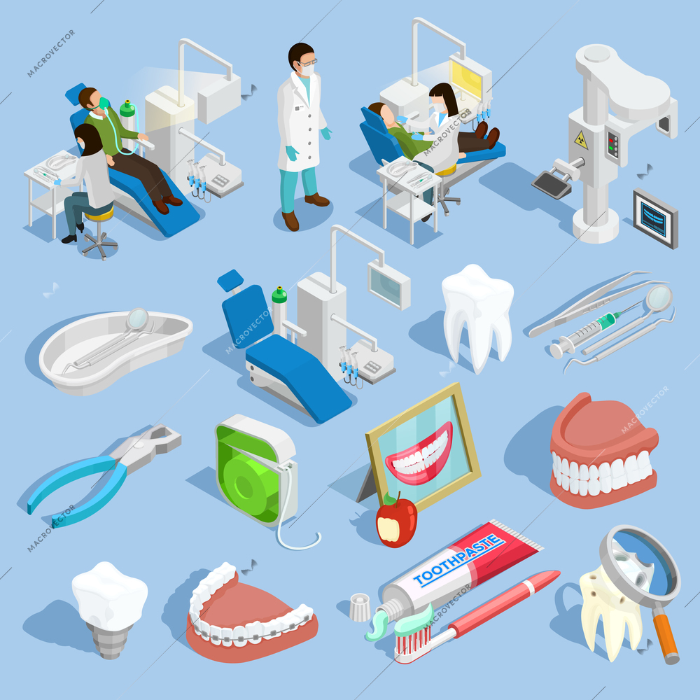 Dentist isometric icons set with tooth and healthcare symbols on blue background isolated vector illustration