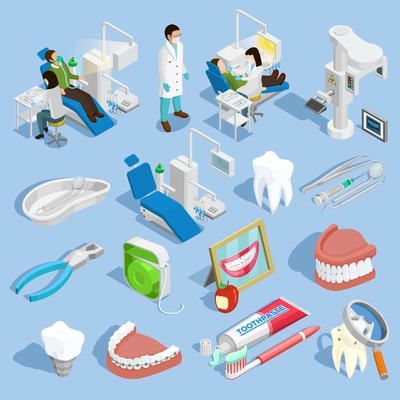 Dentist isometric icons set with tooth and healthcare symbols on blue background isolated vector illustration