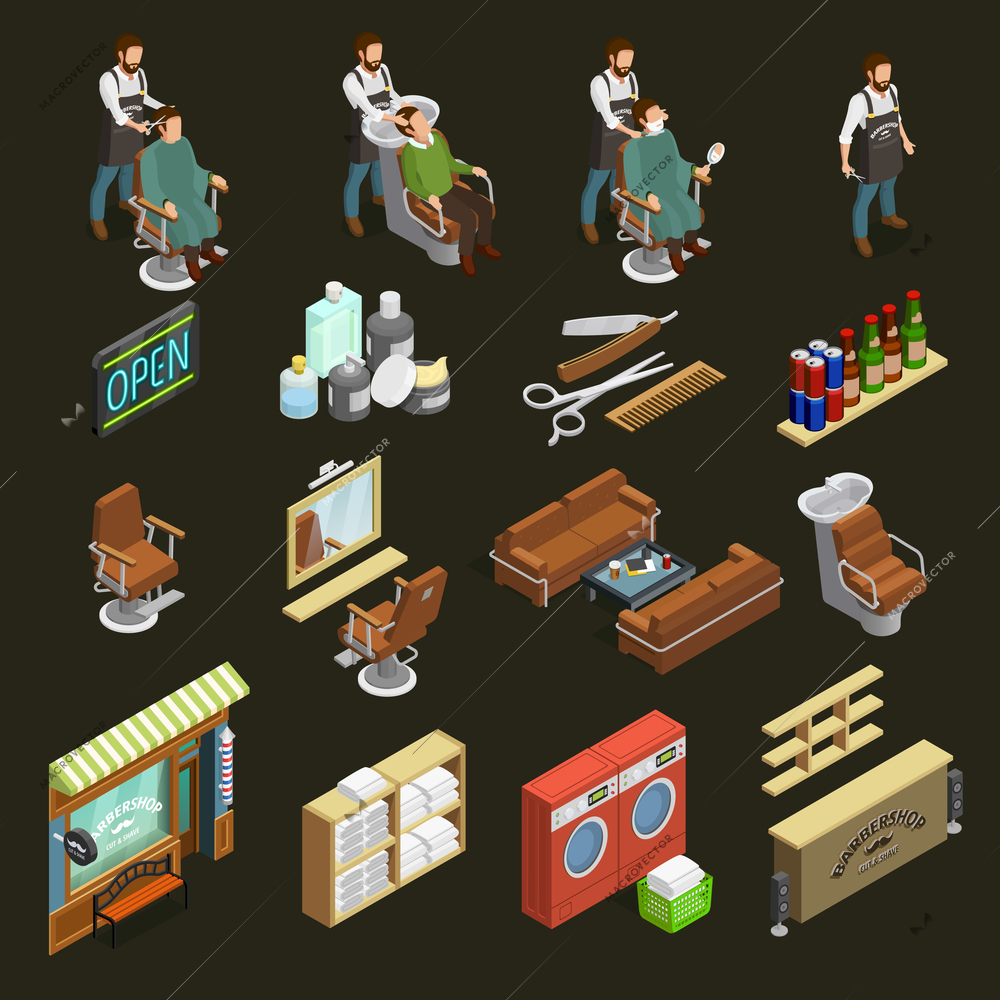 Barber isometric icons set with equipment and cosmetics symbols on dark green background isolated vector illustration