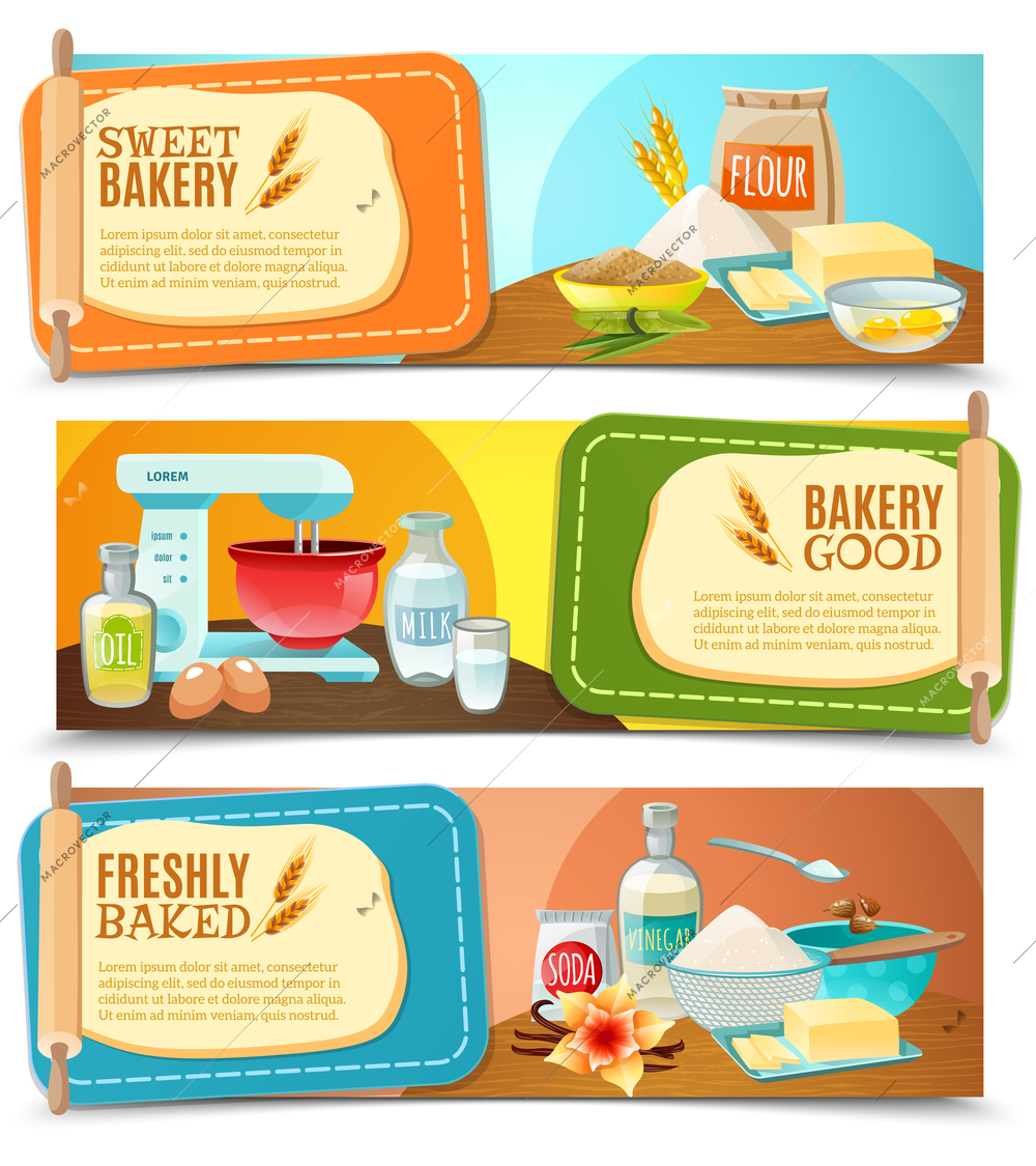 Three colorful horizontal banners with baking ingredients and text fields flat isolated vector illustration