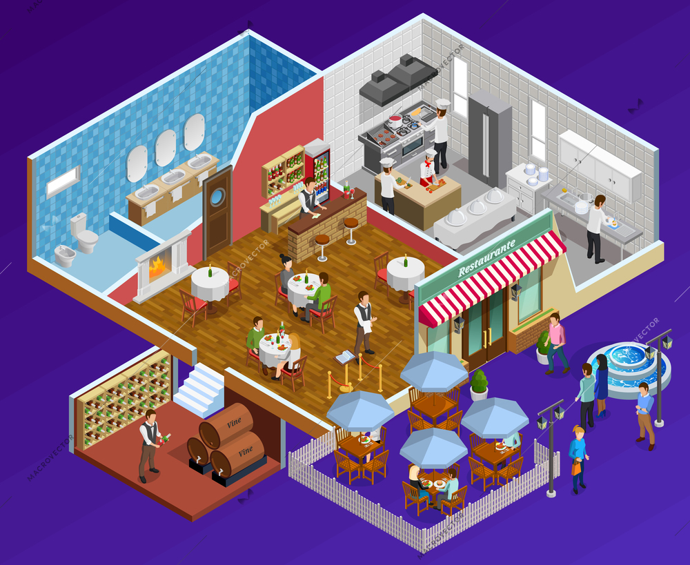 Restaurant interior isometric concept with facilities and service symbols on dark blue background  vector illustration