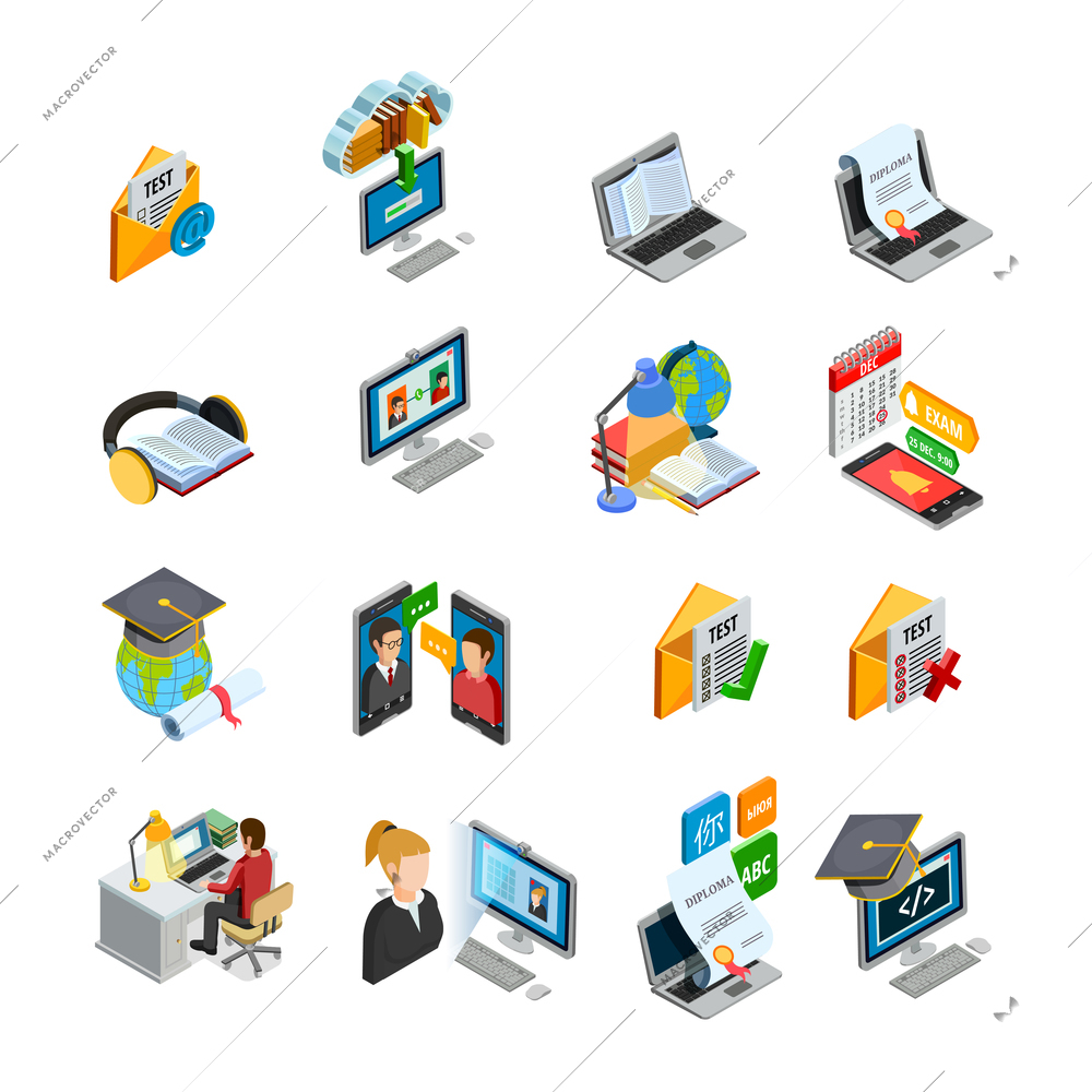 E-learning isometric icons set with books and education symbols isolated vector illustration