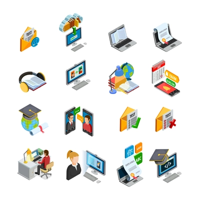 E-learning isometric icons set with books and education symbols isolated vector illustration