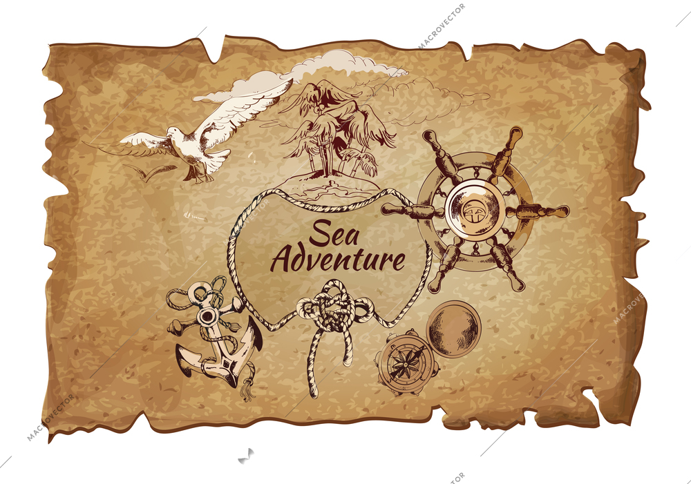 Sea adventure nautical design elements ancient pergament poster with steering wheel and anchor handdrawn vector illustration