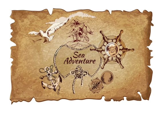 Sea adventure nautical design elements ancient pergament poster with steering wheel and anchor handdrawn vector illustration