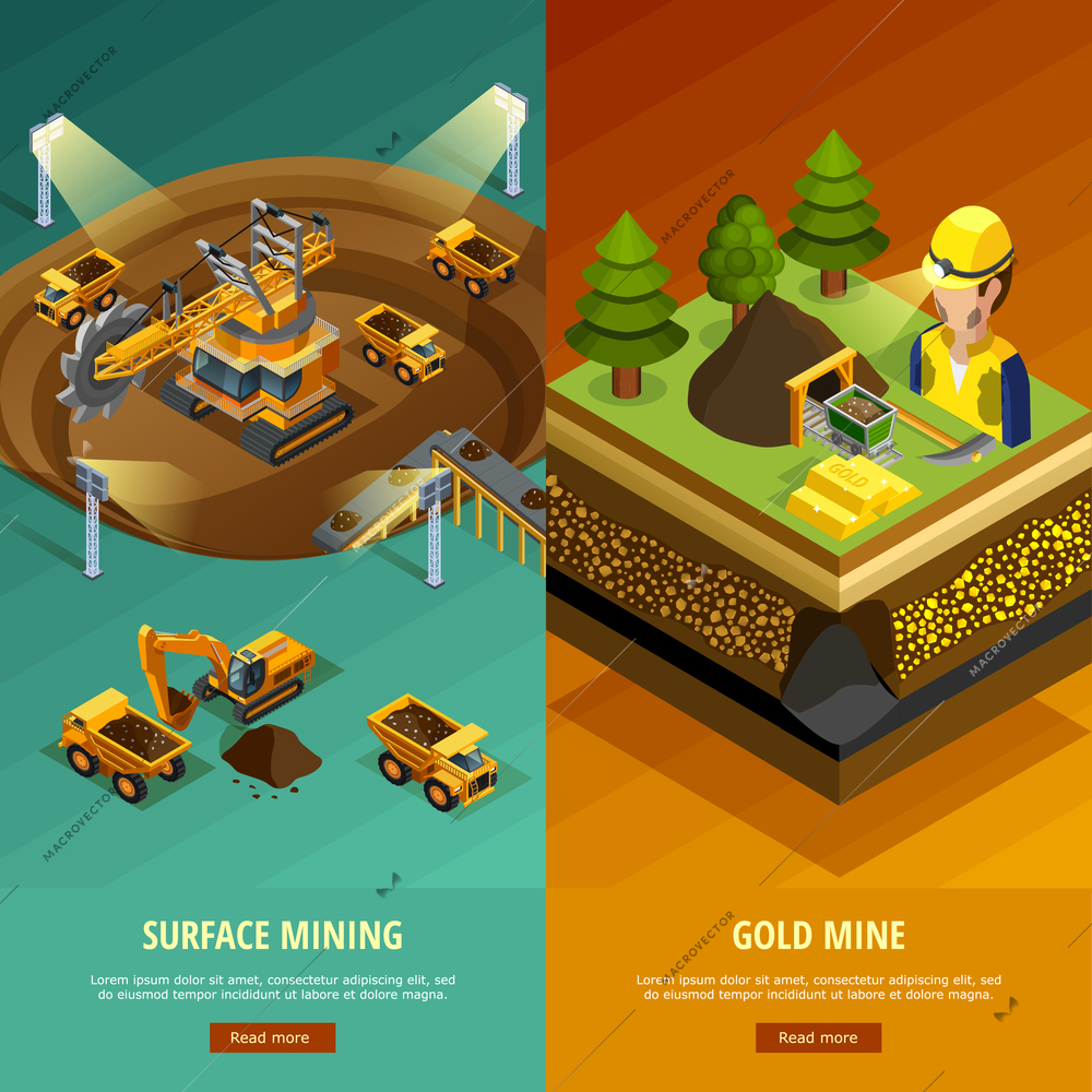 Mining vertical banners set with surface mining symbols isometric isolated vector illustration