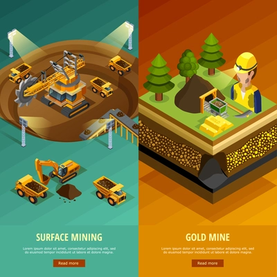 Mining vertical banners set with surface mining symbols isometric isolated vector illustration