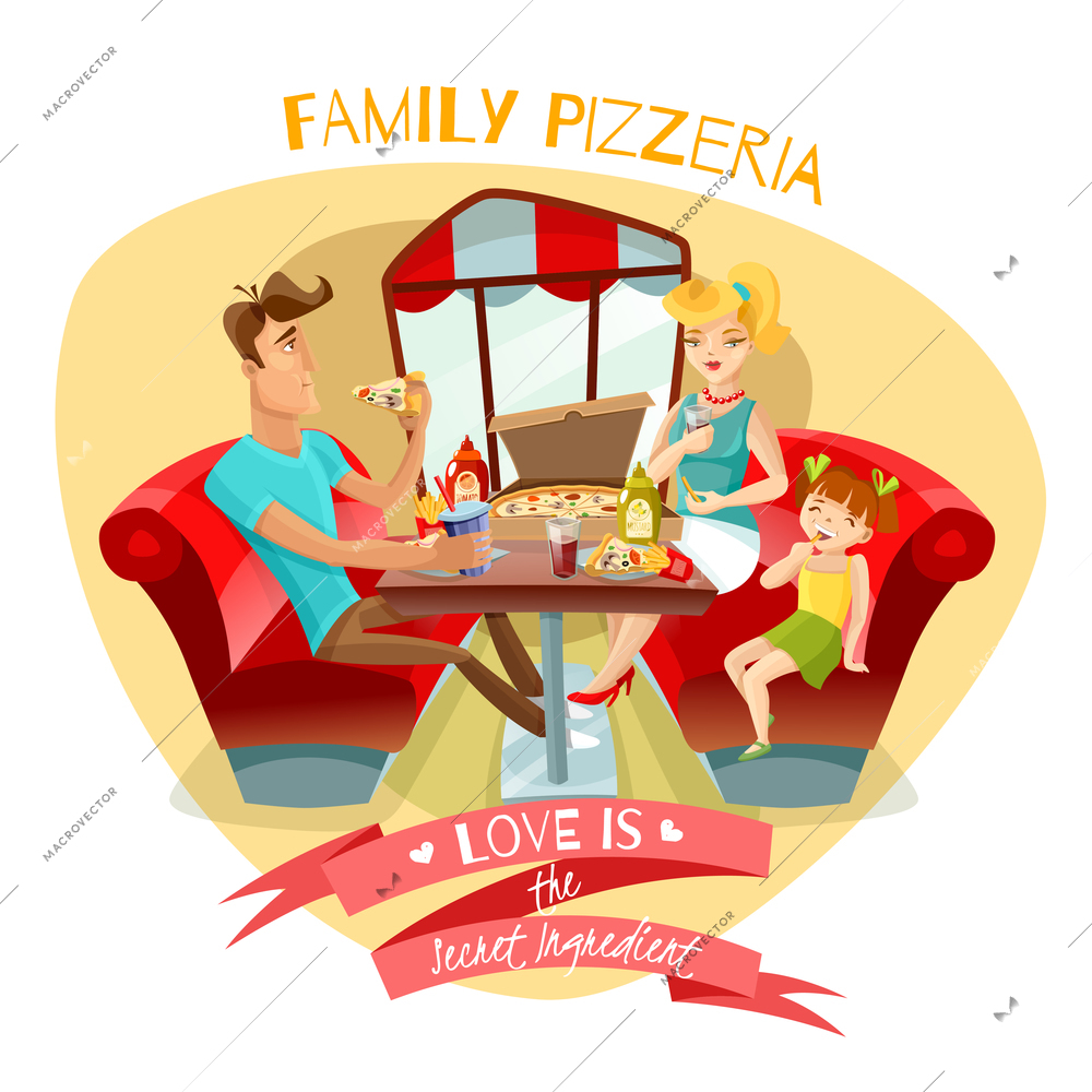 Family pizzeria design concept with  young parents and their daughter at dinner table in pizzeria interior flat vector illustration