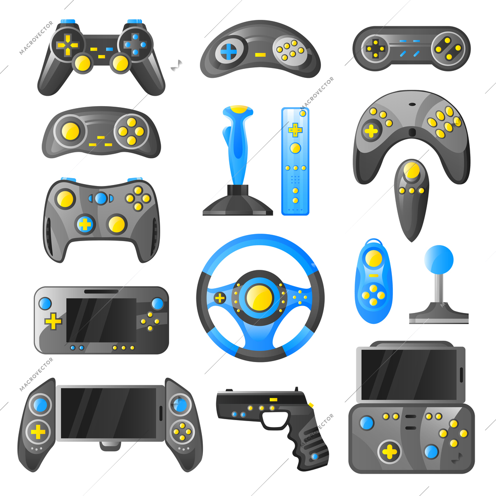 Collection of game consoles wireless gamepad joystick and steering wheel isolated color icons set vector illustration