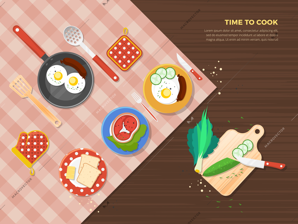 Time to cook top view poster of dishes from different food ingredients and preparation process vector illustration