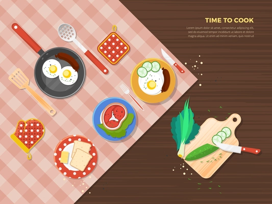 Time to cook top view poster of dishes from different food ingredients and preparation process vector illustration