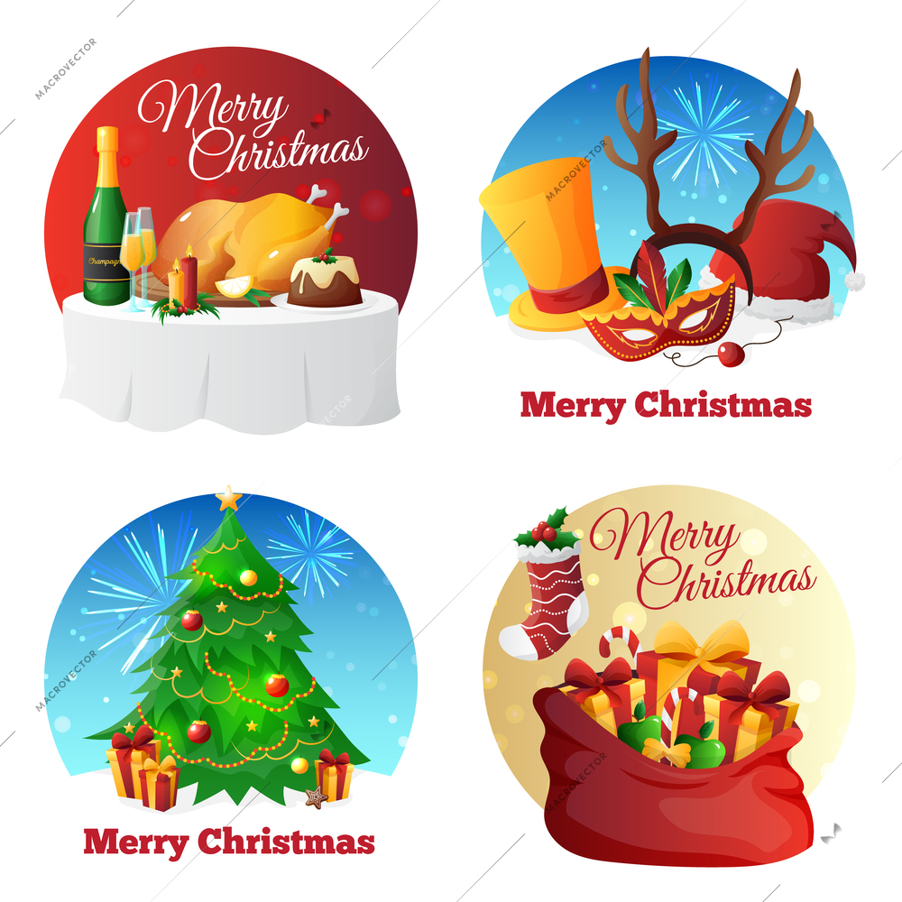 Flat design christmas party 2x2 icons collection with congratulations presents and dinner isolated on white background vector illustration