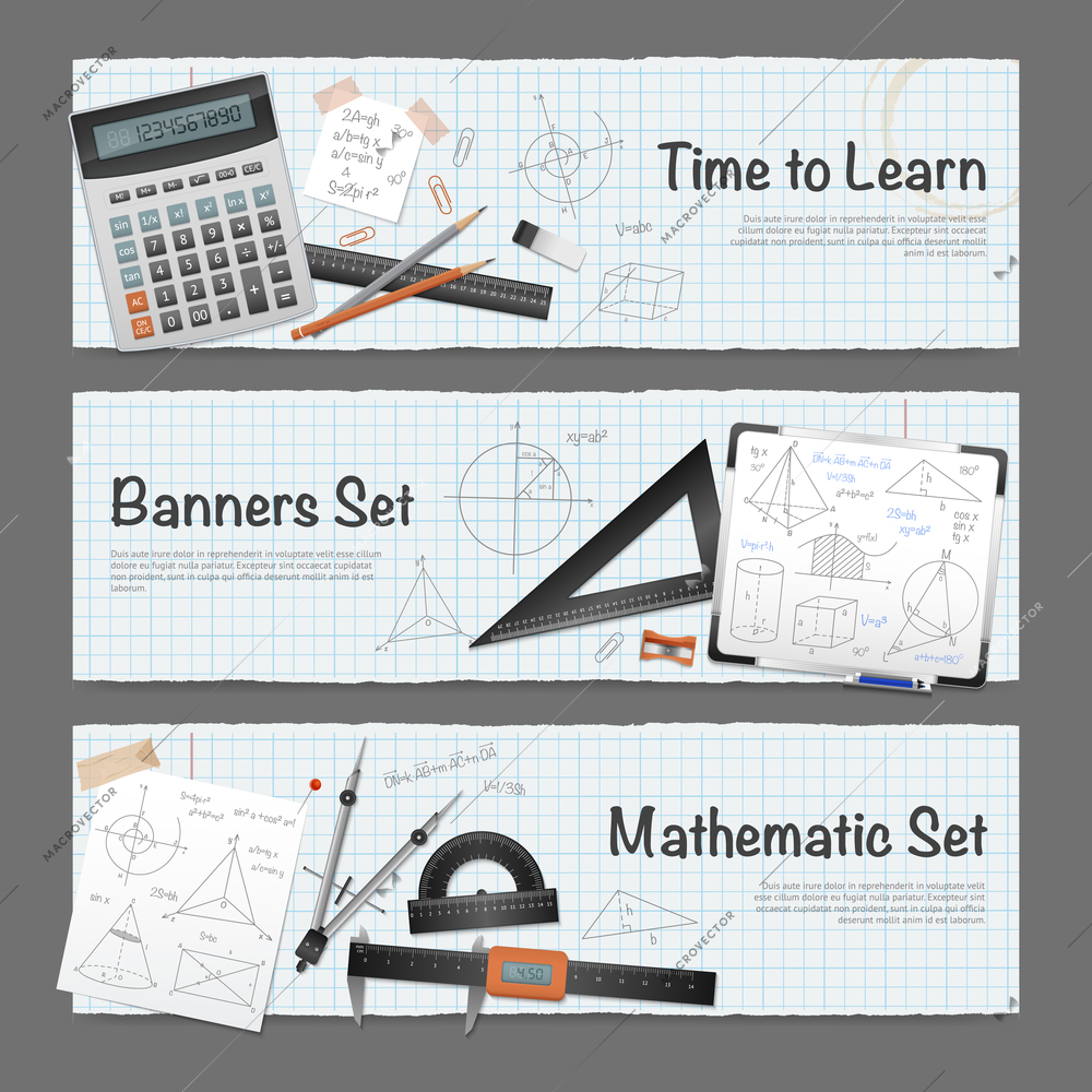 Science mathematic horizontal banners set with stationery measuring equipment calculator and written solutions vector illustration