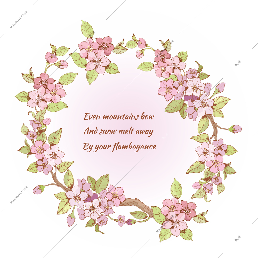 Pink sakura cherry branch frame print with poem inside isolated vector illustration