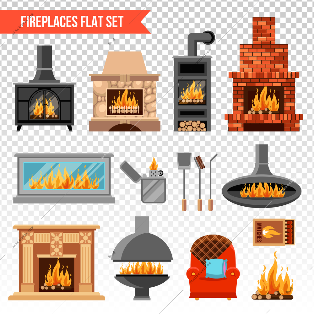 Flat set of fireplaces of various material soft armchair and tools for lighting fire isolated on transparent background vector illustration