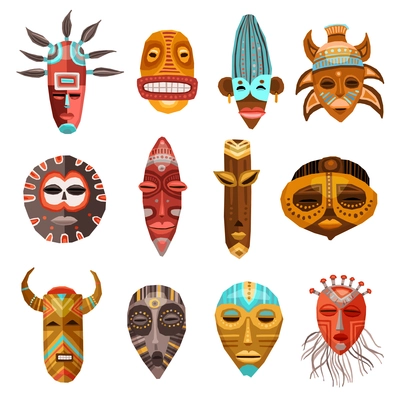 Flat set of colorful african ethnic tribal ritual masks of different shape isolated on white background vector illustration
