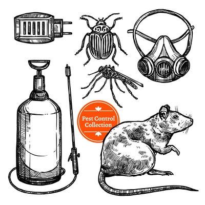 Hand drawn monocrome sketch pest control set with insects rodent and repellent isolated on white background vector illustration