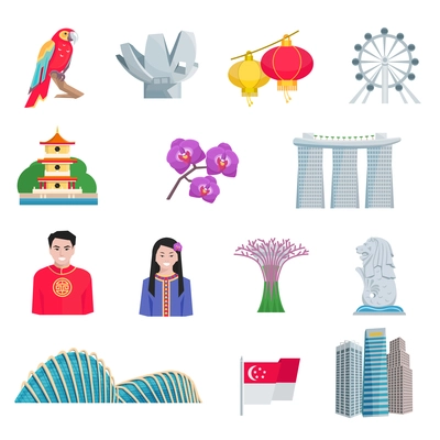 Singapore tourists attractions with national cultural symbols and landmarks flat icons set abstract vector isolated illustration