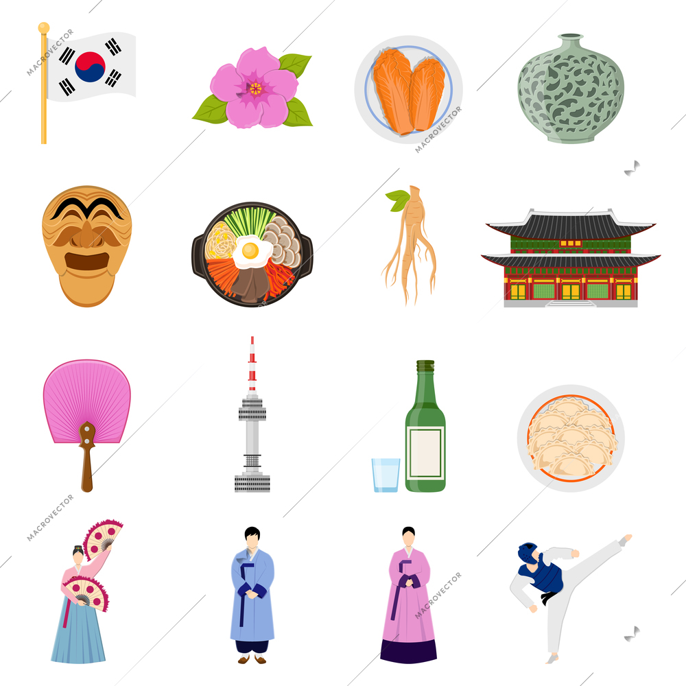 Korean cultural symbols flat icons collection with traditional cuisine clothing sports games and landmarks isolated vector illustration