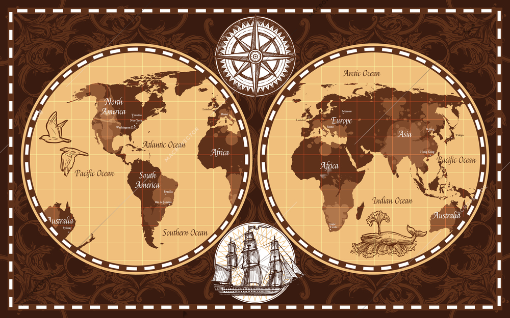 Brown color retro nautical world map with names of continents and oceans flat vector illustration