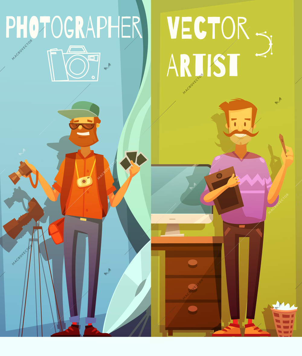 Two vertical cartoon banners with funny photographer and artist standing near equipment for their creative work flat vector illustration