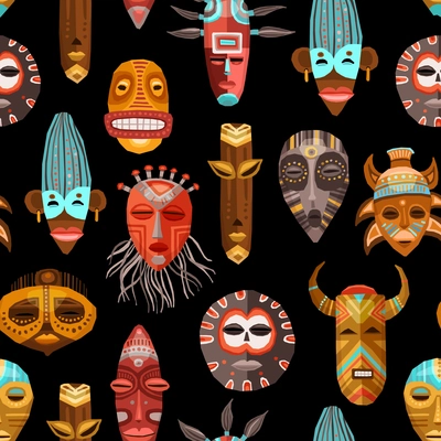 Flat seamless pattern with african ritual ethnic tribal masks on black background vector illustration