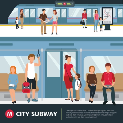 People in city subway inside train and waiting at station flat vector illustration