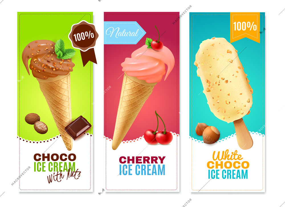 Ice cream realistic vertical banners with advertising of chocolate and cherry cones and white chocolate eskimo pie with nuts vector illustration