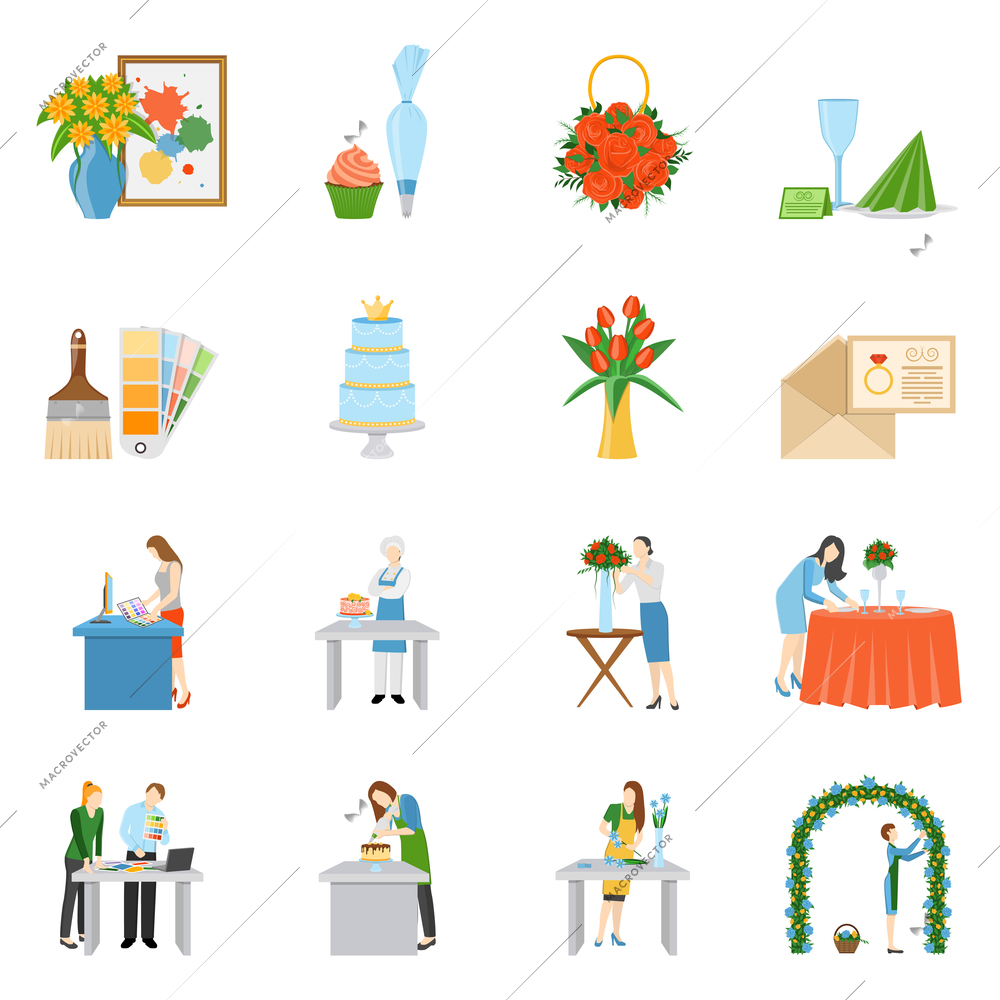 Home interior design and special events decoration flat icons set with wedding reception cake isolated vector illustration