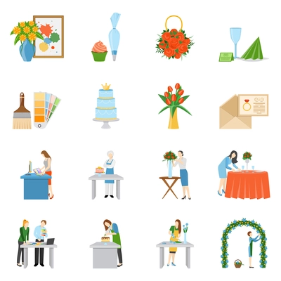 Home interior design and special events decoration flat icons set with wedding reception cake isolated vector illustration