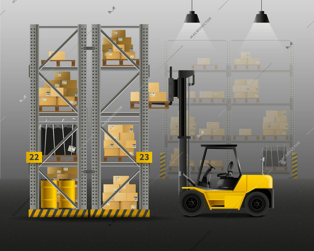 Forklift and loading realistic composition with warehouse and cargo symbols vector illustration