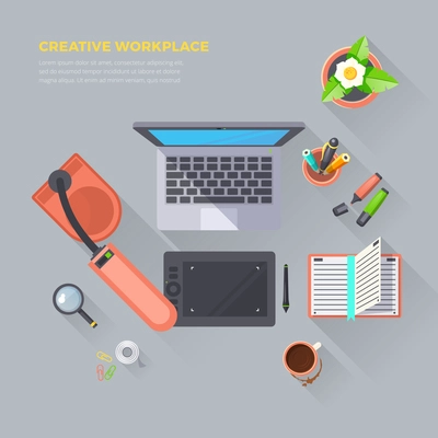 Creative workplace objects top view on grey background flat isolated vector illustration