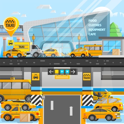 Taxi cars composition with vehicles on underground and land parking in flat style vector illustration