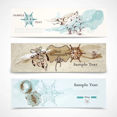A set of three horizontal ancient nautical design elements informative advertising banners vector illustration