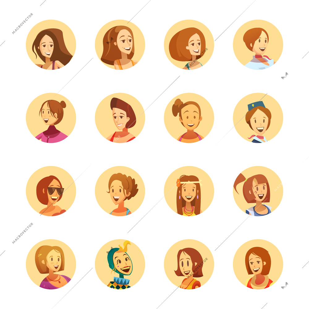 Young smiling woman playful cartoon style round avatar icons collection with different girlish hairstyle isolated vector illustrations