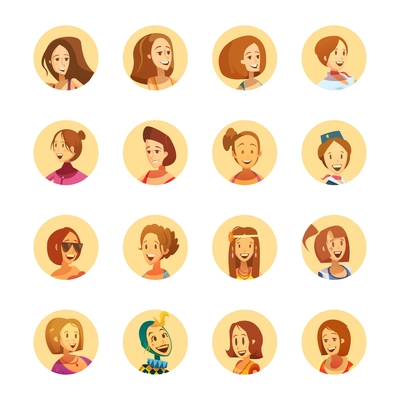 Young smiling woman playful cartoon style round avatar icons collection with different girlish hairstyle isolated vector illustrations